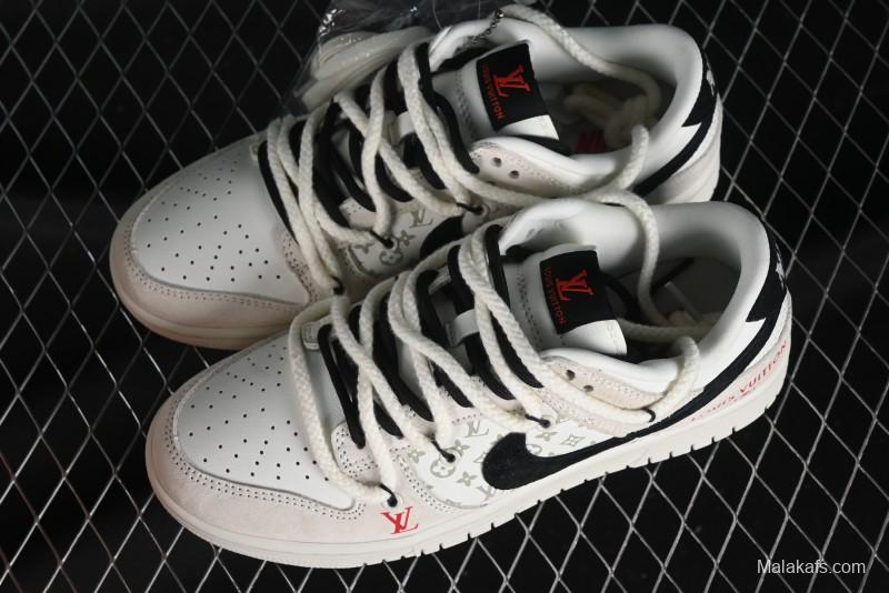 Nike SB Dunk Low LV Collaboration Anniversary Customized Sneakers in Off-White Black Swoosh Triple Floral - SJ2068-235
