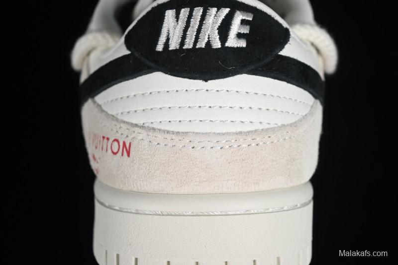 Nike SB Dunk Low LV Collaboration Anniversary Customized Sneakers in Off-White Black Swoosh Triple Floral - SJ2068-235