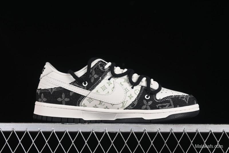 Nike SB Dunk Low LV Collaboration - Black Denim Print Anniversary High-End Custom Low-Top Casual Skate Shoes - SJ2068-238