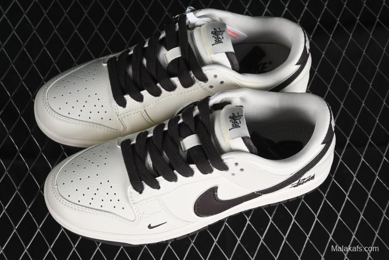 Stussy x Nike SB Dunk Low Anniversary Customized Casual Sneakers in Off-White Black Swoosh - DQ1098-378