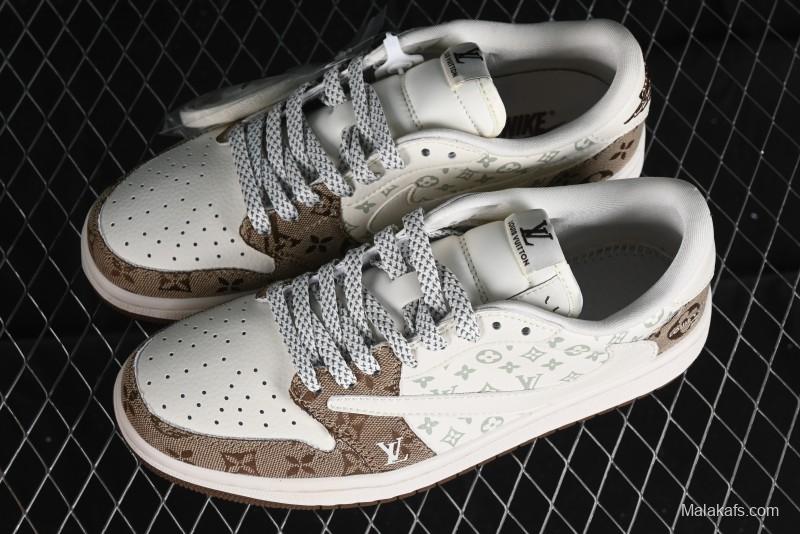 Nike Travis Scott x Fragment Design x Jordan Air Jordan 1 Low OG SP AJ1 LV Light Brown Print Casual Sneakers - SJ2068-102