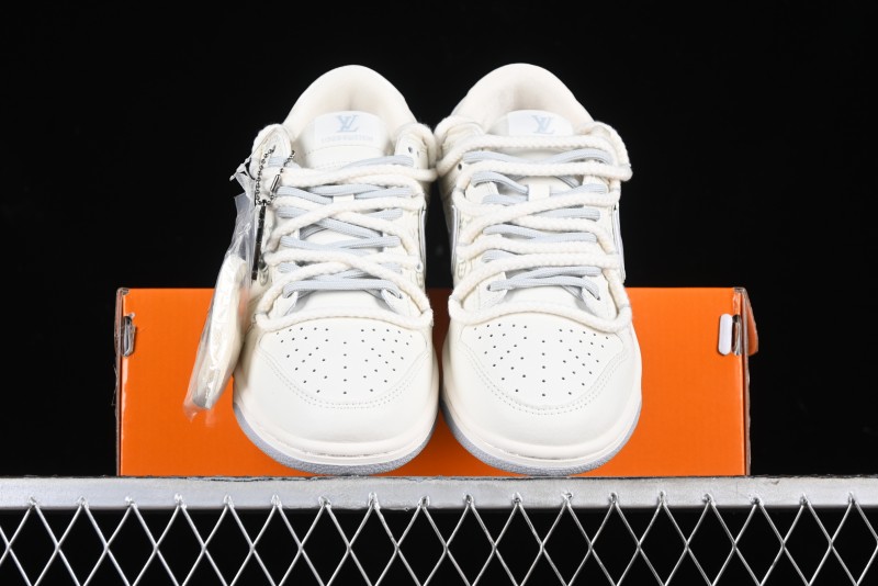 Nike SB Dunk Low LV Collaboration Strap White Grey Check Anniversary High-End Custom Low-Top Casual Skate Shoes - SJ2068-245