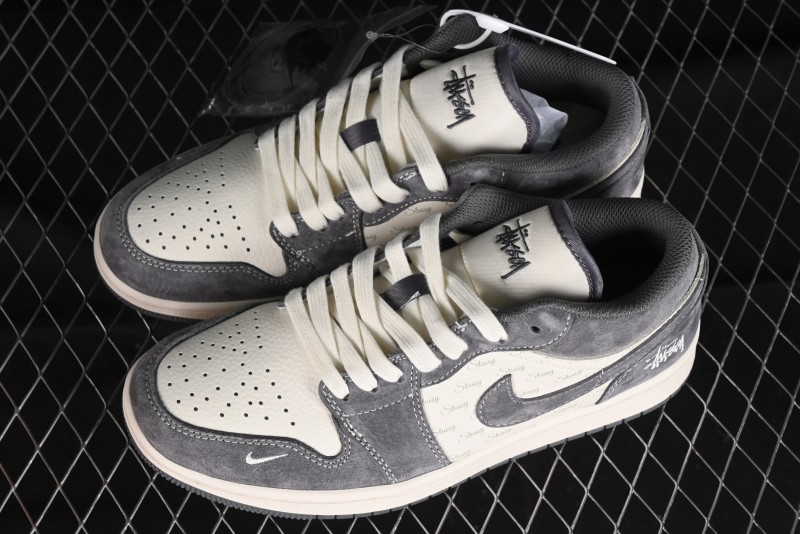 Nike Air Jordan 1 Low AJ1 Stussy Collaboration - Grey Pigskin Custom Low-Top Basketball Shoes - SJ9950-010