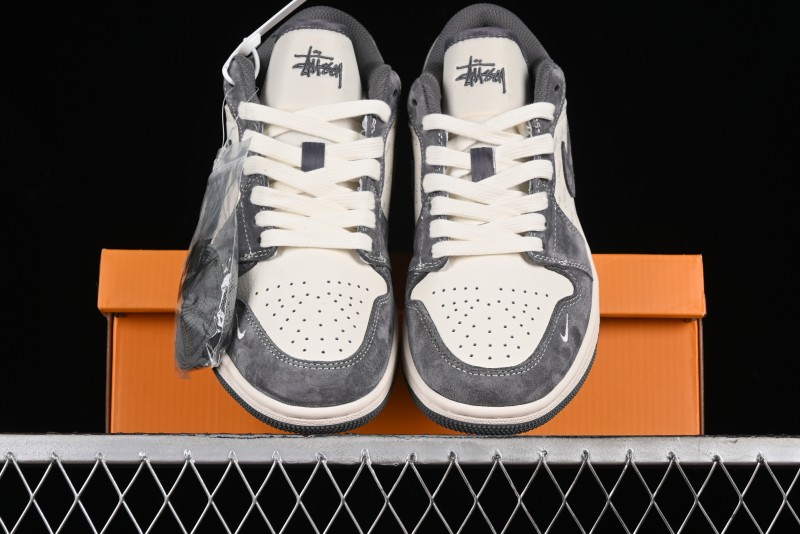 Nike Air Jordan 1 Low AJ1 Stussy Collaboration - Grey Pigskin Custom Low-Top Basketball Shoes - SJ9950-010