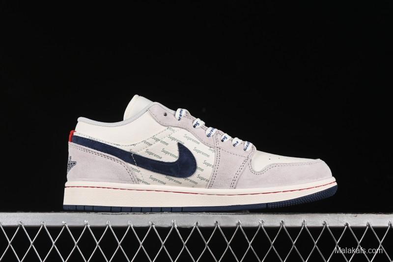 Nike Air Jordan 1 Low Supreme Collaboration - Pig Grey Print Custom Retro Basketball Shoes - LJ6688-009