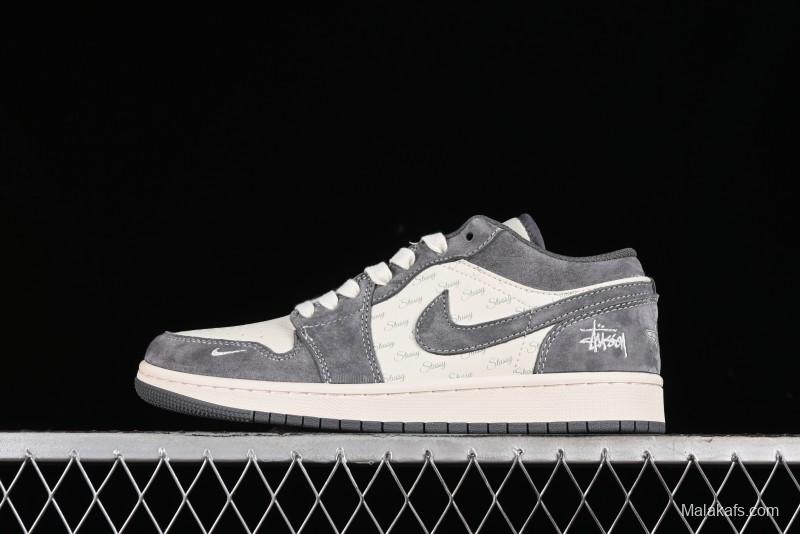 Nike Air Jordan 1 Low AJ1 Stussy Collaboration - Grey Pigskin Custom Low-Top Basketball Shoes - SJ9950-010