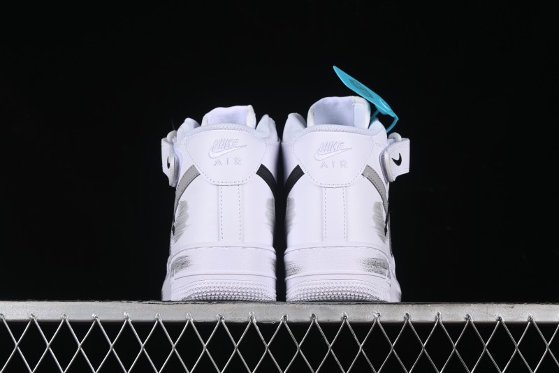Nike Air Force 1 '07 Mid Casual Sneakers in White/Grey/Black with Hand-Painted Cracked Swoosh Shadow Detail - CW2289-111