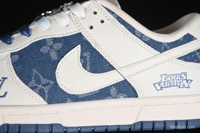Nike SB Dunk Low LV Collaboration - Beige Blue Print Anniversary High-End Custom Low-Top Casual Skate Shoes - JH8310-954
