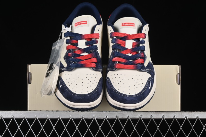 Nike Travis Scott x Fragment Design x Air Jordan 1 Low OG SP AJ1 Supreme Collaboration - Deep Blue Red Culture Casual Sneakers - XY2688-122