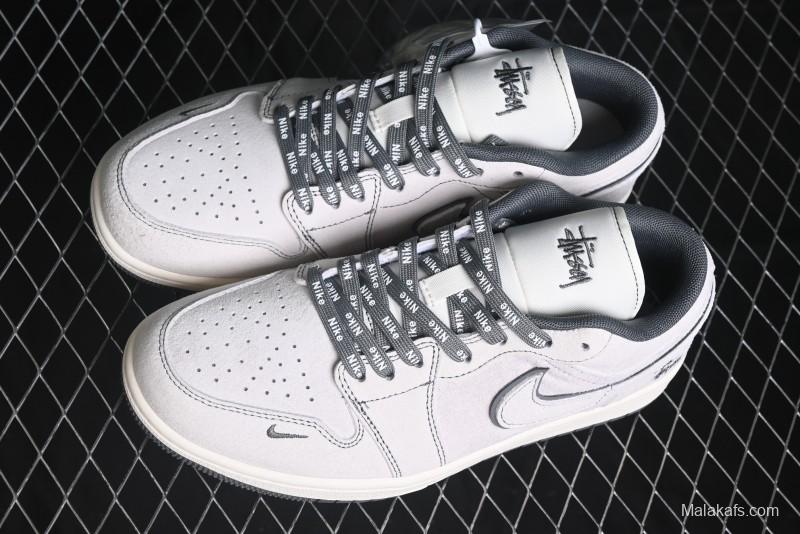 Nike Air Jordan 1 Low AJ1 Stussy Collaboration - Premium Customized Pigskin Grey Line Retro Basketball Shoes - DM9188-005