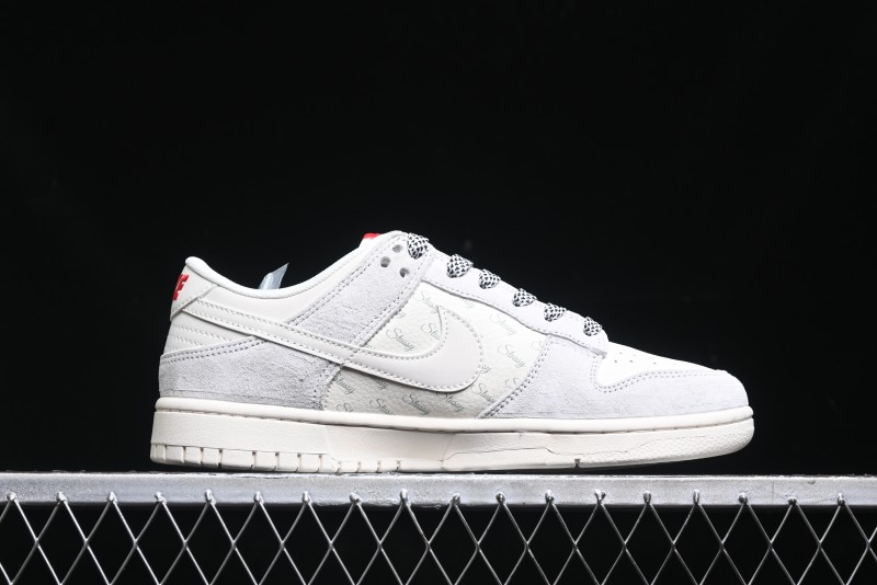 Nike SB Dunk Low Stussy Collaboration - Patchwork Grey White Swoosh Anniversary Custom Low-Top Casual Sneakers - YX5066-218