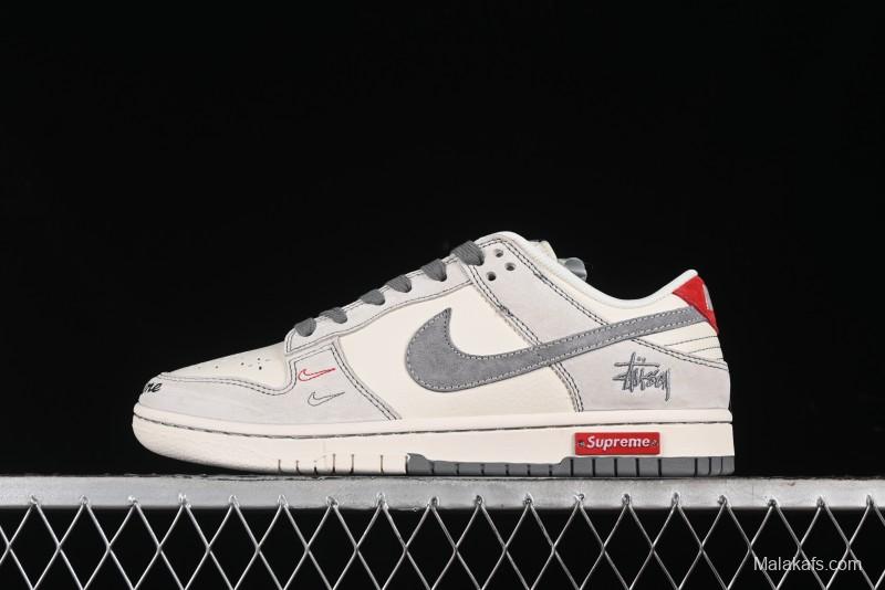 Nike SB Dunk Low Stussy Collaboration - Embroidered Grey Swoosh Anniversary Custom Low-Top Casual Sneakers - MM1089-033