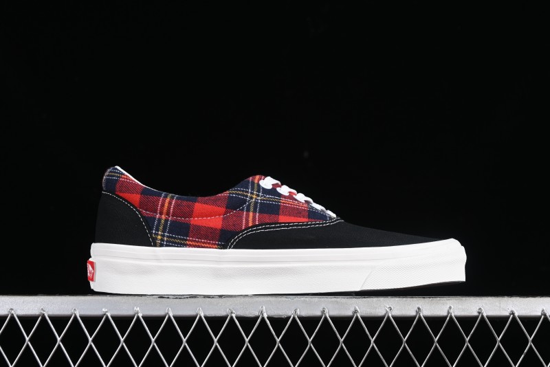 Vans Era Low-Top Skate Shoes with Black Canvas and Red Scottish Plaid Checkered Design - VN0A2RR1QWP