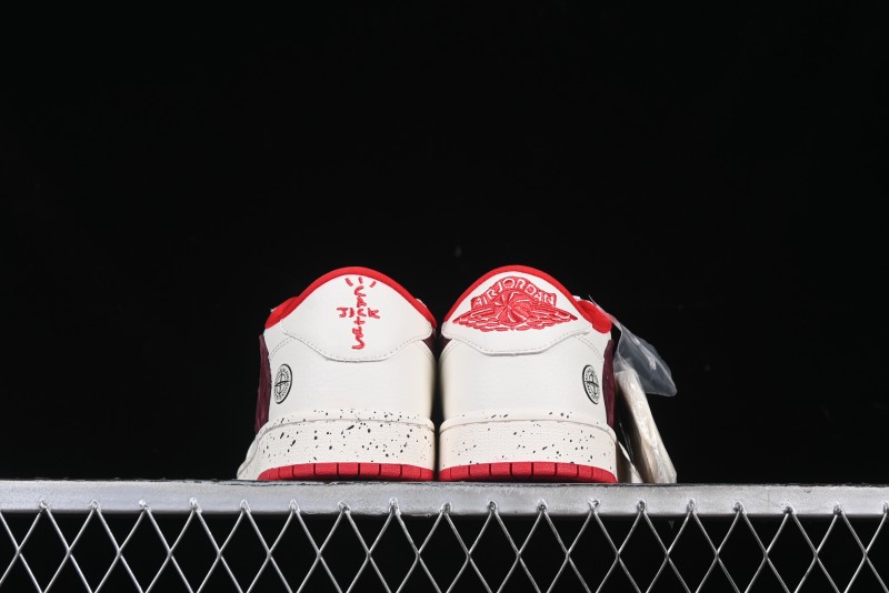 Nike Travis Scott x Fragment Design x Air Jordan 1 Low OG SP AJ1 Stone Island Collaboration Pomegranate Red Low-Top Casual Sneakers - CF3688-077