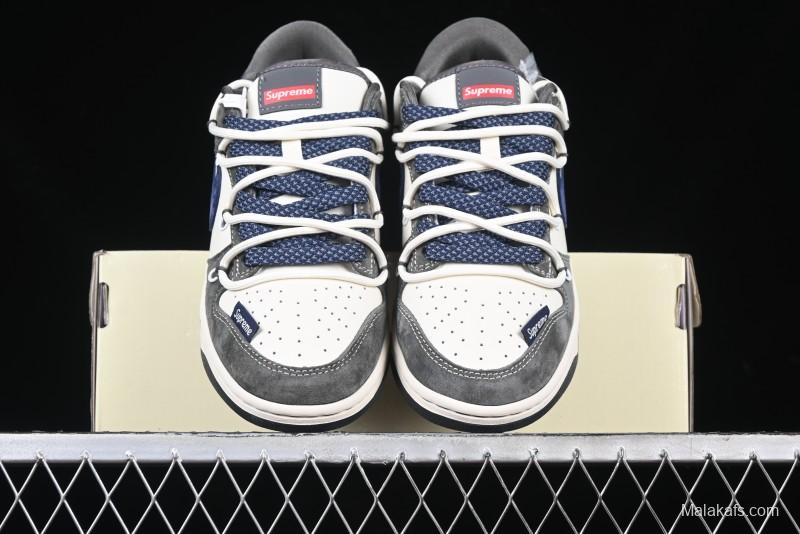Nike SB Dunk Low Supreme Collaboration - Grey White Blue Swoosh Lace-Up Anniversary Customized Low-Top Casual Skate Shoes - XS1186-100