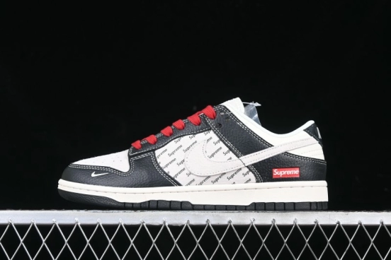 Nike SB Dunk Low Supreme Collaboration - Black Leather Texture Anniversary High-End Custom Low-Top Casual Skate Shoes - XS1086-020