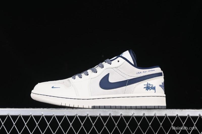 Nike Air Jordan 1 Low Stussy Collaboration - Light Grey Blue Hook Retro Basketball Shoes - SJ9950-046