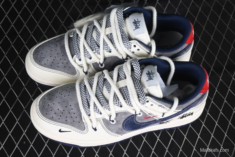 Nike SB Dunk Low Stussy Collaboration Anniversary Custom Low-Top Casual Sneakers with Strap in Beige Grey and Navy - YX5066-236