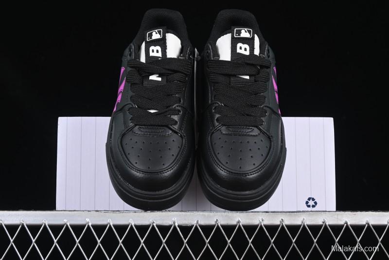 NY Yankees Black Leather Sneakers with Bold Pink Logo