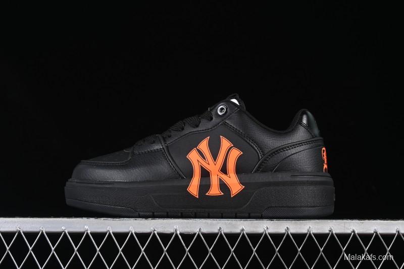 NY Yankees Black Leather Sneakers with Bold Orange Logo