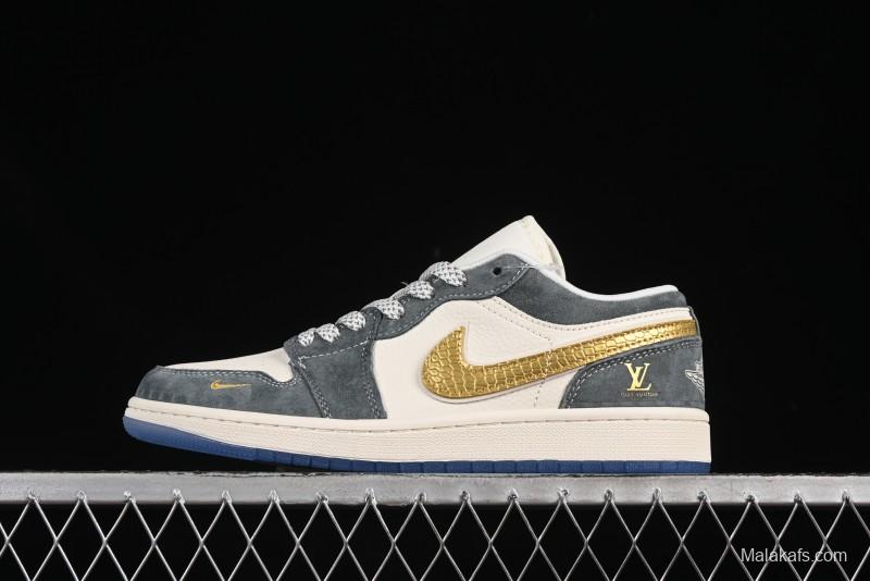 Nike Air Jordan 1 Low LV Collaboration Gold Swoosh Snake Scale Custom Retro Basketball Shoes - XX3168-167
