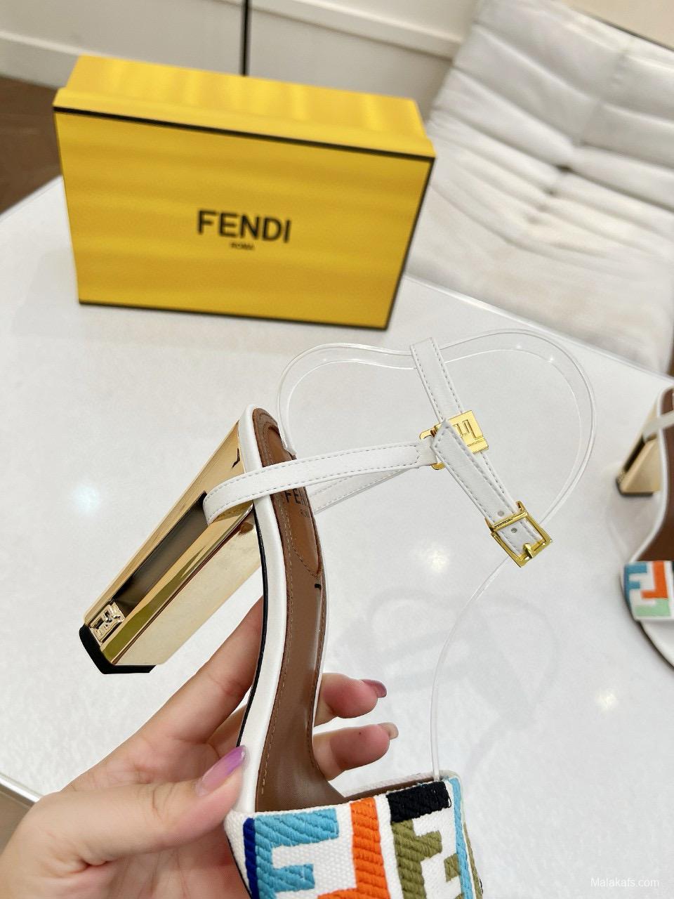 2025 Women Fendi White Blue Orange Fabric Leather High Heel Sandals MJ00280