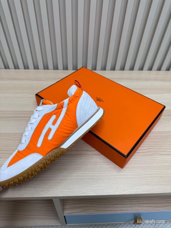 2025 Unisex Hermès White Orange Suede Mesh Sneakers KFY00300