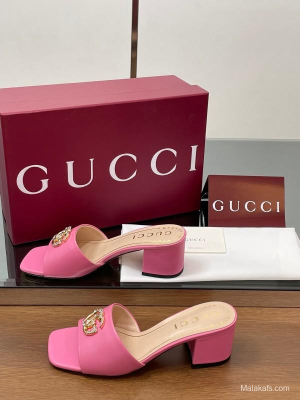 2025 Women Gucci Pink Lambskin Mid Heel Crystal GG Buckle Slide LY00280