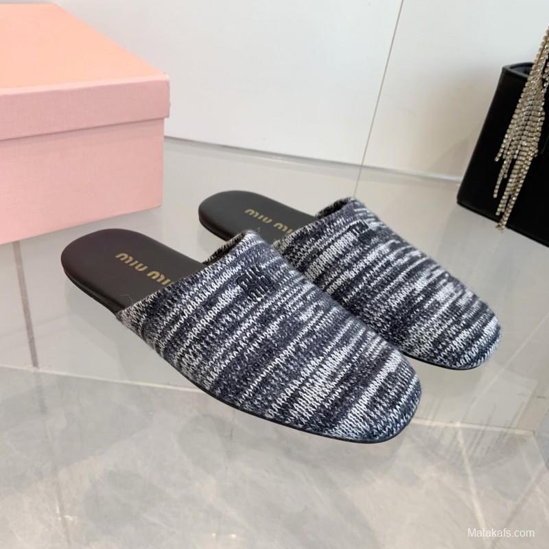 2025 Women Miu Miu Black White Knit Leather Slippers