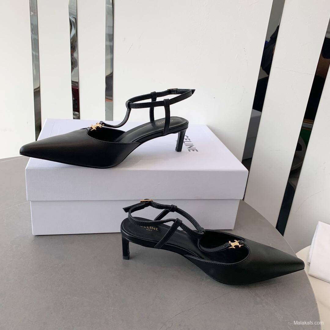 2025 Women Celine Black Calfskin Leather T-Strap TRIOMPHE Pumps