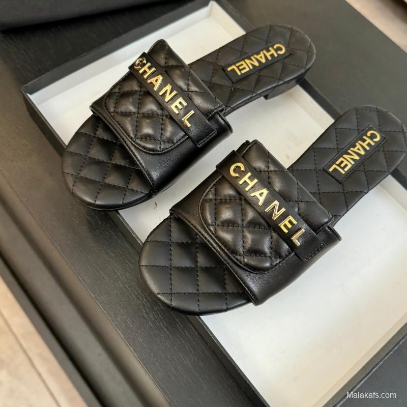 2025 Slippers Women Chanel Black Leather Slippers