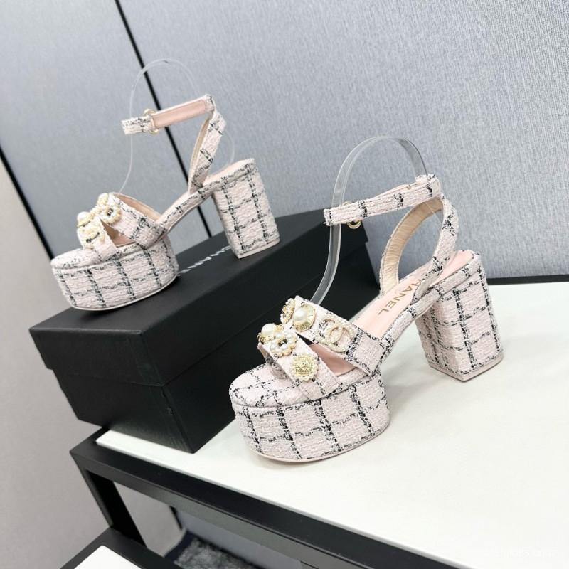 2025 Women Chanel Pink Black Wool Platform Sandals MJ00310