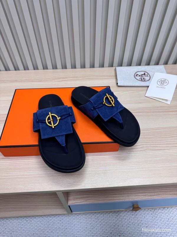 2025 Slippers Hermès Blue Leather Slippers