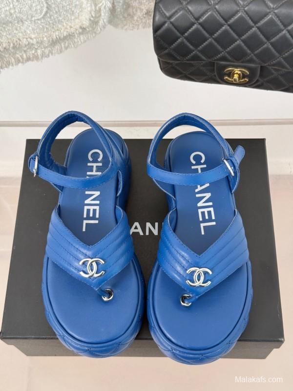 2025 Women Chanel Blue Leather Platform Sandals