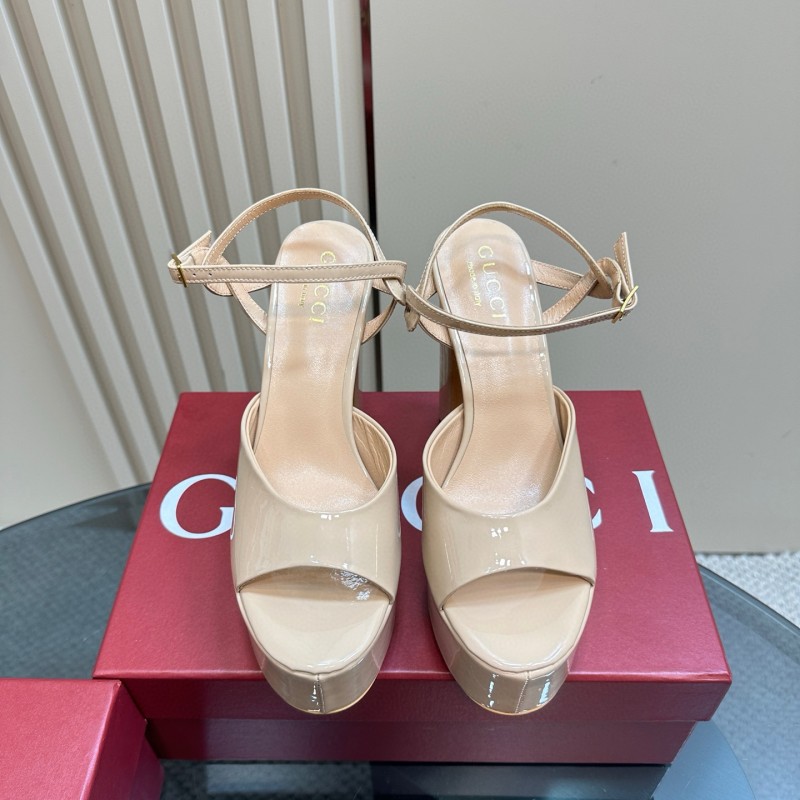 2025 Women Gucci Beige Patent Leather Platform Sandals MJ00340