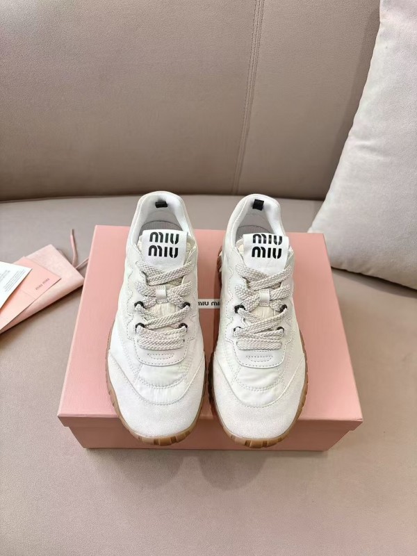 2025 Women Miu Miu White Beige Leather Nylon Casual Shoes KFY00280