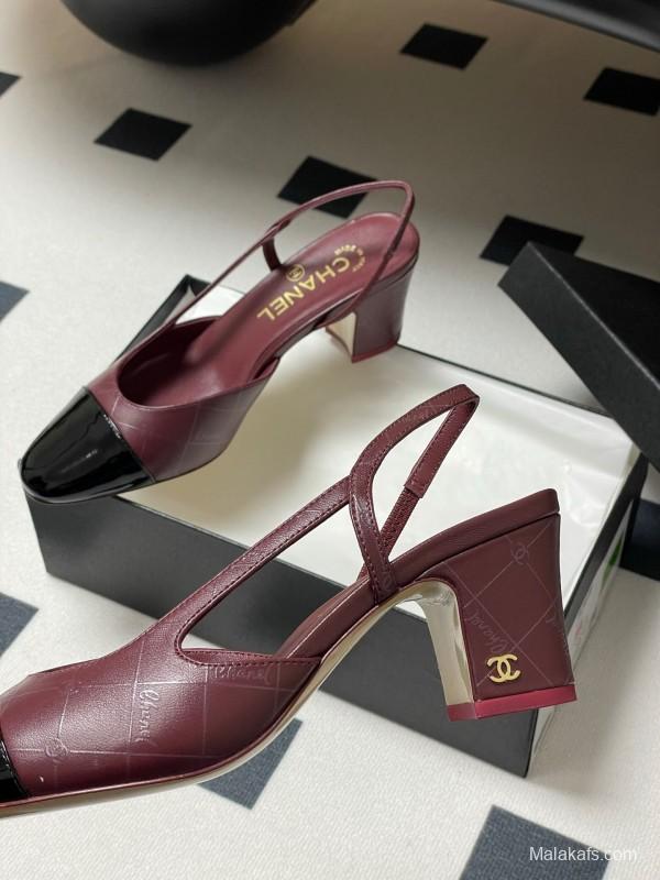 2025 Women Chanel Burgundy Black Leather Sling-back Chunky Heel
