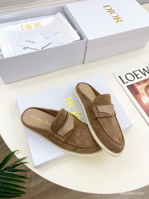 2025 Women Dior Brown Suede Mule Loafers Casual Handmade Slip-on LY00360(F)