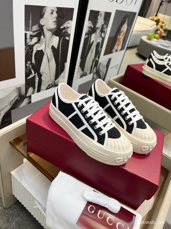 2025 Women Gucci Black White Canvas Platform Sneakers LY00270