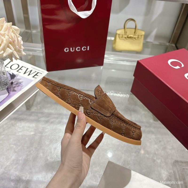 2025 Women Gucci Dark Brown Suede Mule Embossed GG LY00270