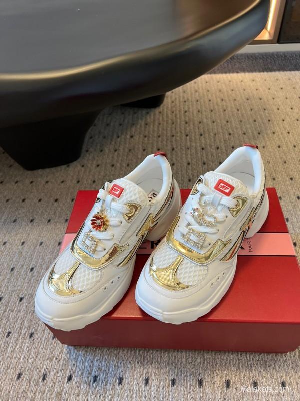 2025 Women Roger Vivier White Gold Leather Mesh Sneakers KFY00380