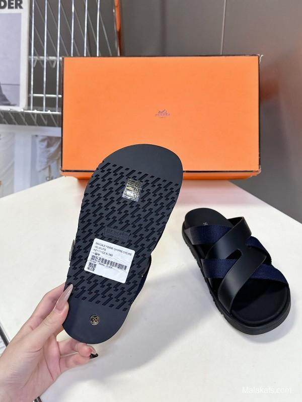 2025 Unisex Hermès Black Leather Fabric Slippers