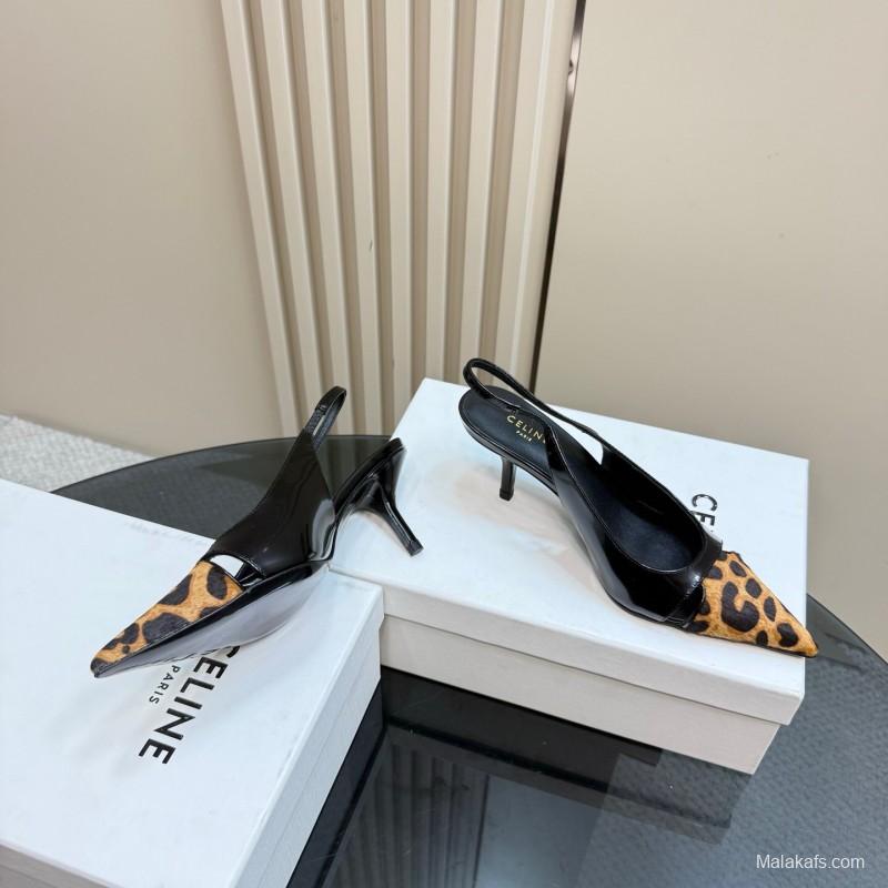2025 Women CELINE Black Leopard Print Patent Leather Slingback Pumps
