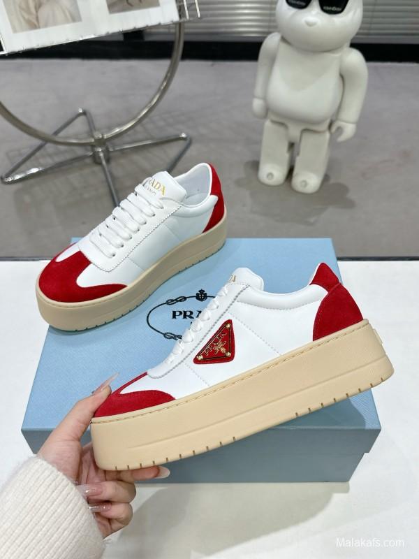 2025 Women Prada White Red Suede Leather Sneakers