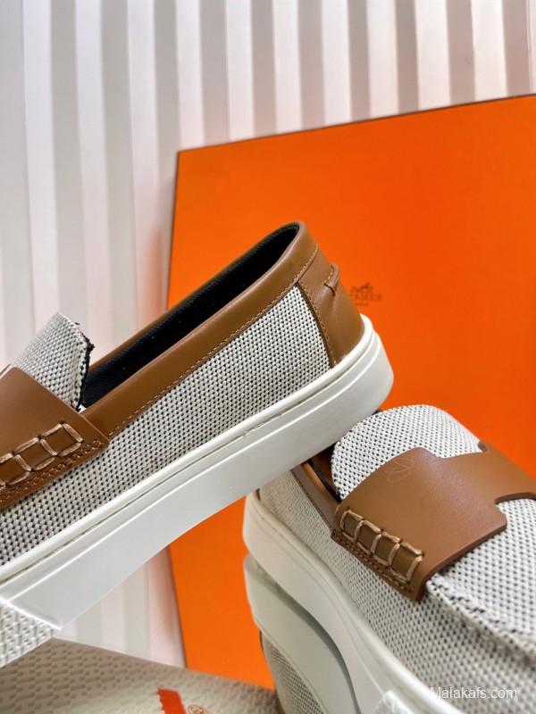 2025 Unisex Hermès White Brown Leather Fabric Loafers