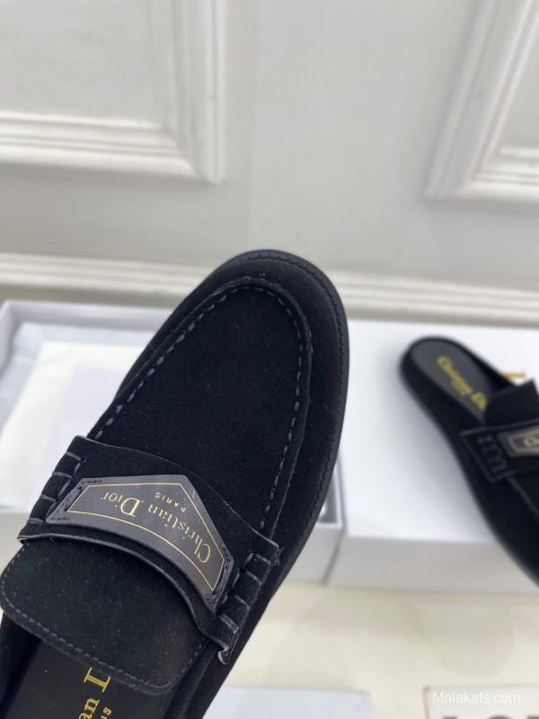 2025 Women Dior Black Leather Slip-On Loafers Crafted With Original Rubber Sole KFY00300(F)