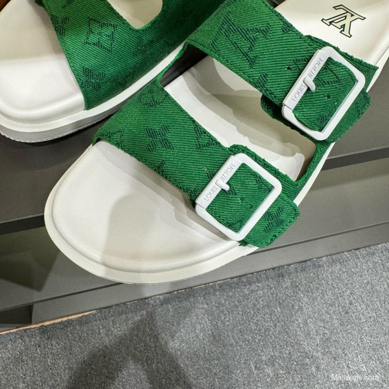 2024 Men Louis Vuitton Green Silk Leather Sandals MJ00210