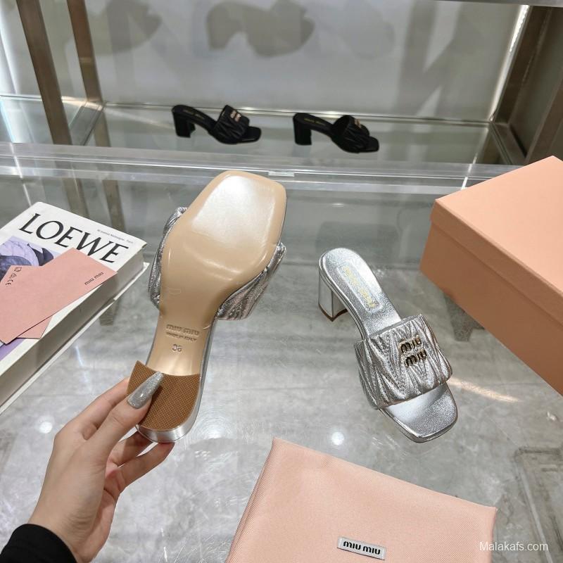 2025 Women Miu Miu Silver Leather High Heel Sandals