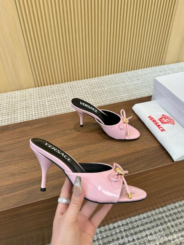 2025 Women VERSACE Pink Leather Heeled Mules LY00210