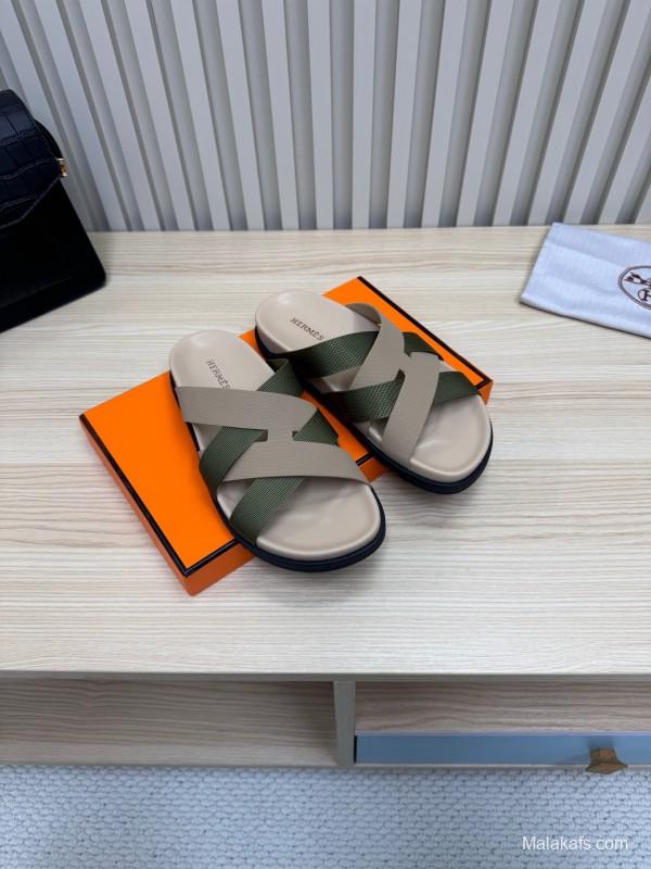 2025 Slippers Hermès Beige Green Rubber Slippers